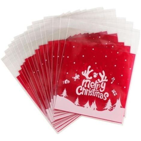 Lot de 100 sachets de Noël transparents en plastique auto-adhésifs pour bonbons, biscuits, fêtes de Noël (10 x 10 + 3 cm) (1/4)