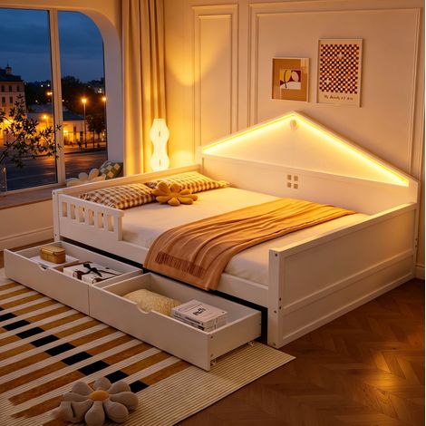Cama infantil 140x200 cm con LED, 2 cajones y somier de láminas, blanca, OKWISH (1/5)