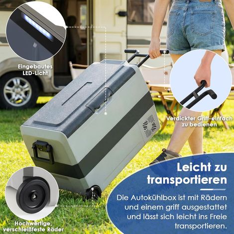 Kompressor Kühlbox, 44,4 Liter Kompressor Gefrierbox mit LED-Licht & Rollen, MAX/ECO Modus, bis -20℃, Kühlbox Auto DC 12/24V, Kühltasche Elektrisch AC 100-240V, Mobil Kühlschrank für Camping