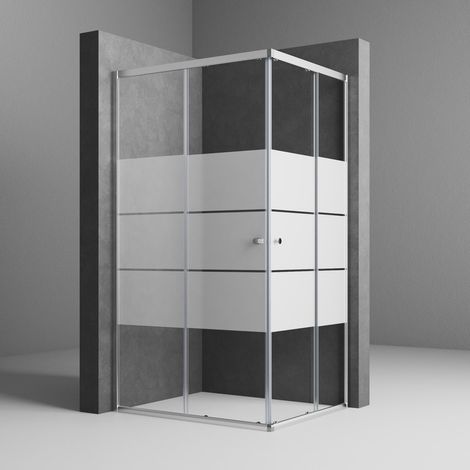 Schiebetür Duschkabine 75x90 cm Eckeinstieg Duschabtrennung mit Doppel Schiebetüren aus 6mm ESG Sicherheitsglas mit weißen Querstreifen-Dekor, Duschwand Höhe 185cm, LINKS & RECHTS MONTIERBAR
