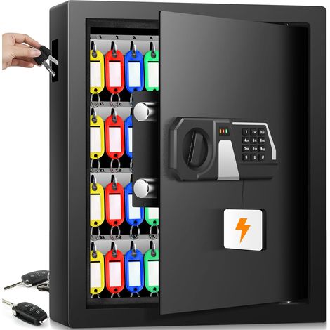 Armoire à clés ignifuge avec code chiffré pour 48 clés, coffre-fort à clés extérieur avec entrée latérale et barre de clés réglable, armoire à clés pour bureau, entrepôt (1/5)