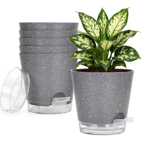 Lot de 6 pots de fleurs à arrosage automatique 15cm gris moucheté (1/5)