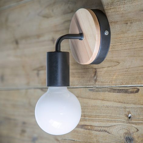 Wandleuchte Innen Vintage Wandlampe Lampe aus Holz Metall E27 für Flur Wohnzimmer Schlafzimmer Esszimmer (Schwarz)