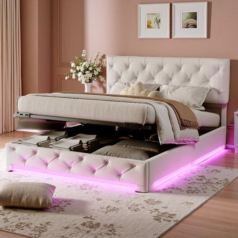 Eifson – Lit coffre 140x190 cm avec éclairage LED – Tête de lit réglable – Rangement sous le lit – Sommier à lattes en bois massif – Beige