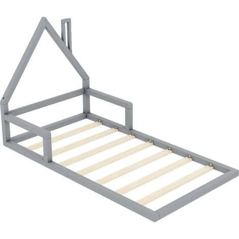 Cuna para bebé, construcción de madera maciza, diseño único en forma de casa, gris oscuro, 90x200cm-b (1/2)