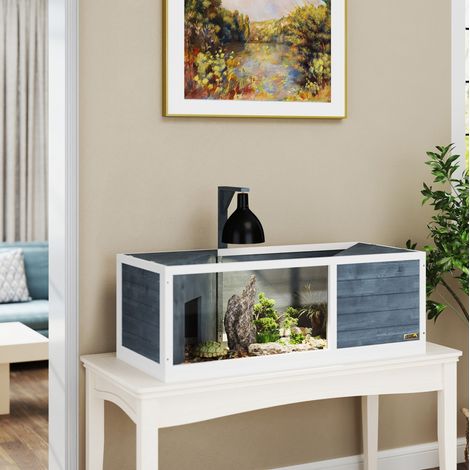 Schildkrötenhaus aus grauem Holz 120 x 50 x 40 cm mit Klappdeckel und Lampenhalter (1/5)