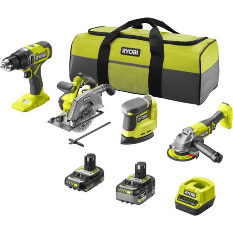 kit valigetta trapano a percussione, sega circolare, levigatrice orbitale e smerigliatrice angolare ryobi "rpd18 + r18csp + rps18 + rag18125" 2 batterie 18v 2ah/5ah (1/4)