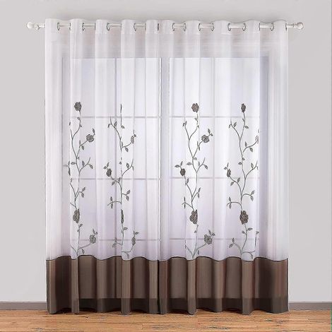Rideau à œillets brodé de fleurs (1 panneau, largeur 140 cm x hauteur 260 cm), marron (1/5)