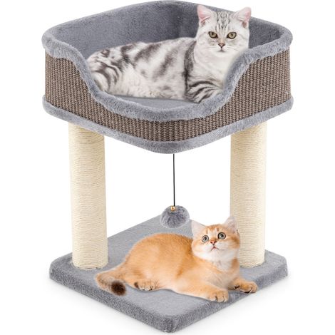 Perchoir en peluche et poteaux griffoirs en sisal, arbre à chat compact pour repos et griffades, gris (1/5)