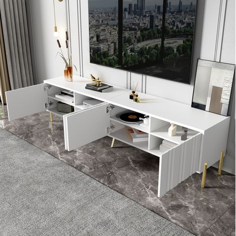 Meuble TV 190 x 38 x 48 cm blanc avec 4 portes, pieds dorés et design rainuré HAVRYA (1/5)