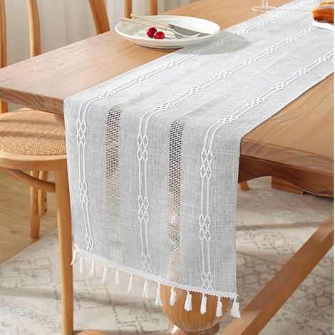 Tischläufer aus Leinen mit handgefertigten Quasten, waschbare Tischdekoration für Möbel, Weihnachten, Party, Küche, Couchtisch, Urlaub, Geburtstag, Restaurants (120 x 33 cm, grau)