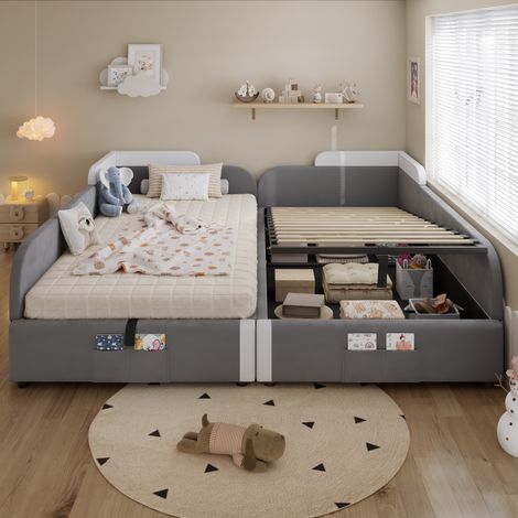 Lit simple 90x200 cm, lit combiné pour enfant, lit avec rangement sous le lit, barrières souples surélevées, poche de rangement sous le pied, en velours, lit coffre - Gris (1/5)