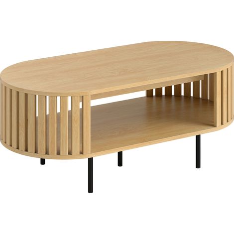 Table basse ovale, table de salon avec rangement, angles arrondis, piètement à lattes, 100 x 50 x 40 cm, aspect bois (1/5)