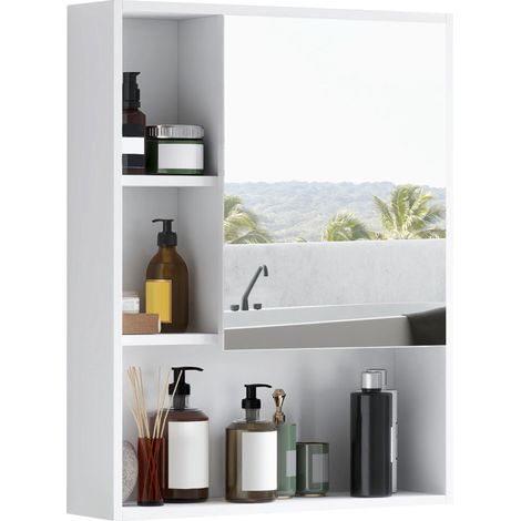 Meuble vasque de salle de bain avec miroir, étagères et étagères réglables, fixé au mur, 60x15x76 cm, blanc. (1/5)