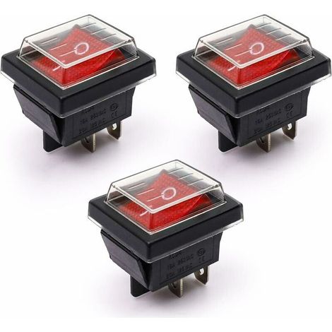 3Pcs Interrupteur à Bascule lumière rouge ON/OFF Avec Couvercle étanche 16 A/250 V 20 A/125 V CA(DPST) (1/4)