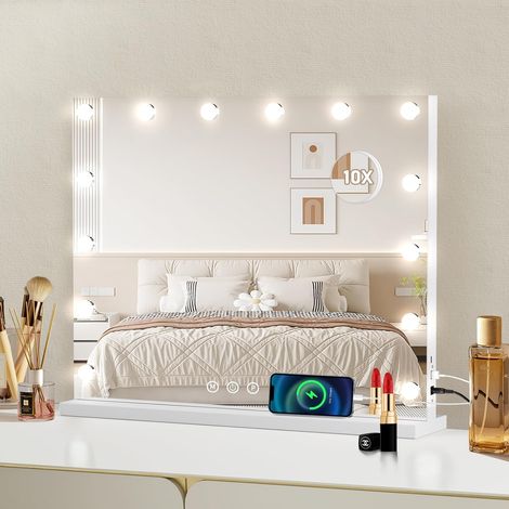 Miroir Coiffeuse, Miroir Hollywood avec Luminosité Réglable, 3 Modes de Couleur, Contrôle Tactile, Ports USB 50X42cm (Blanc) (1/5)