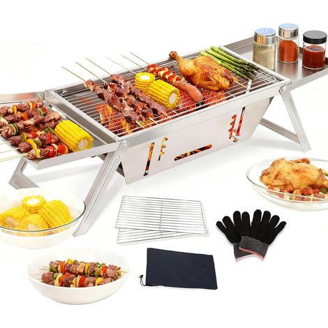 Barbecue au charbon de bois, portable, pliable, en acier inoxydable, mini barbecue réglable pour l'extérieur, le camping, la terrasse, le barbecue, les fêtes - Argenté (17,13" x 8,86" x 1,57") (1/5)