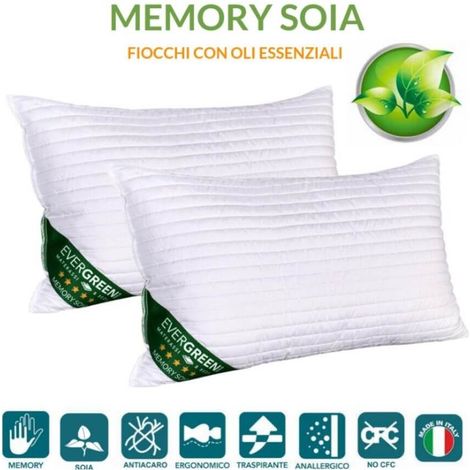 EVERGREENWEB - Cuscino Letto in MEMORY FOAM e oli essenziali di SOIA 40x70 alto 12 cm, Imbottitura con Fiocchi 100% Schiuma a Memoria CERVICALE, fodera Bianca Antiacaro, Guanciale per Dormire, OFFERTA