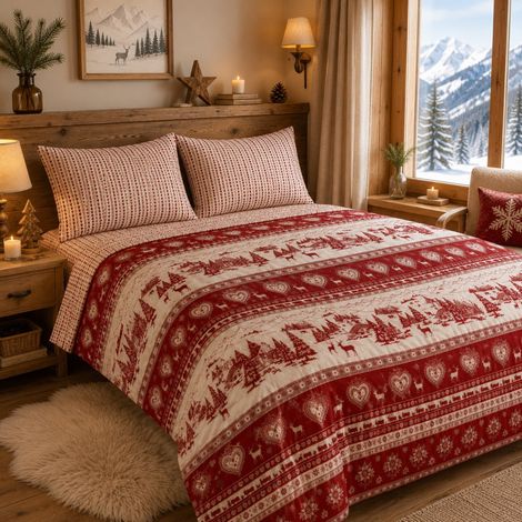 Completo Lenzuola Tirolese Rosso Chalet Valgardena - 100% Cotone Made in Italy - Cuori Cervi Baite Montagna 1 piazza e mezza