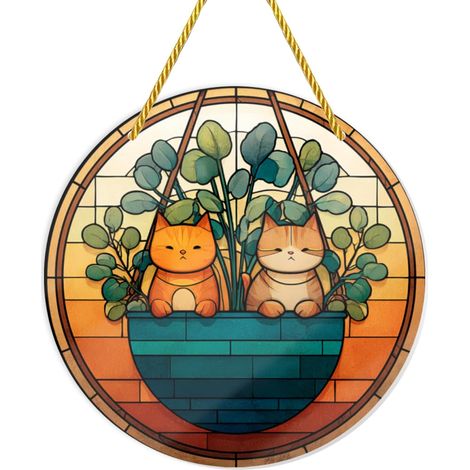 Pot de fleurs en acrylique incassable forme chat, suspension décorative style vitrail, 30 x cm (1/5)