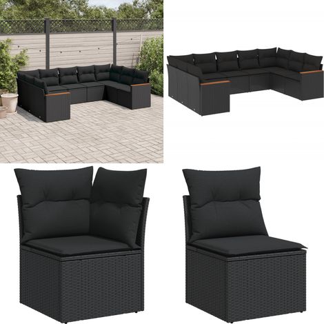 Salon de jardin 9 pcs avec coussins noir résine tressée - Ensemble Salon De Jardin - Mobilier De Jardin - Meubles Extérieur - Salon De Jardin Design - Chaise Longue - Home & Living (1/5)