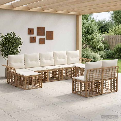 Ensemble canapé extérieur 9 pièces modulable en poly rotin blanc naturel et crème - PANGIVO (1/5)