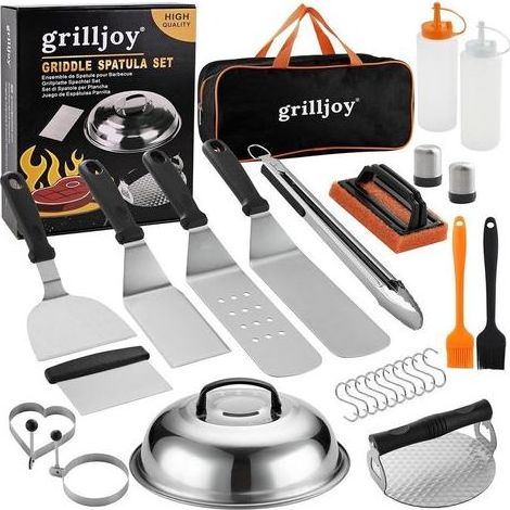 28PCS Ustensiles Plancha INOX, Kit Smash Burger avec Press, Set Spatule, Cloche Cuisson, Cadeau Homme Papa, Accessoires pour Barbecue à Gaz Plancha, Teppanyaki, Camping --Karteo (1/4)