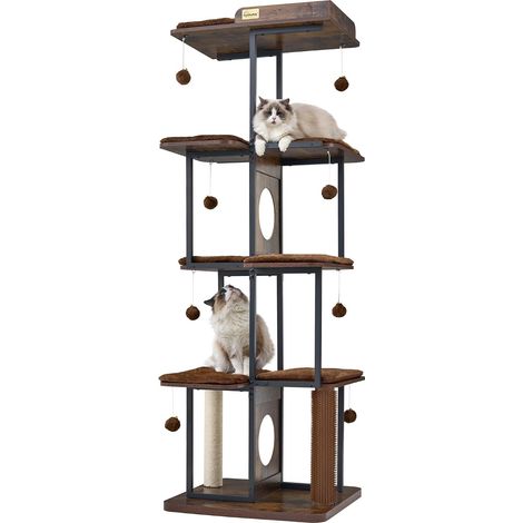 168 cm Arbre à Chat, Arbre à Chat Stable pour Grands Chats, Arbre a Chat Moderne pour l'intérieur, Tour en Bois pour Chats avec Grande Plateforme, Brun Rustique (1/5)