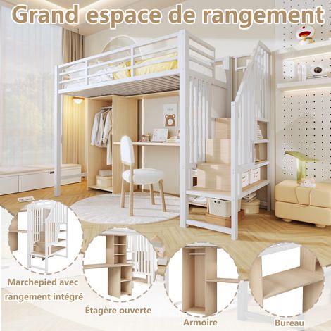 Lit minuit,90 x 200 cm,cadre en fer,avec espace de rangement,armoire,bureau,escalier avec espace de rangement,sans matelas,blanc (1/5)