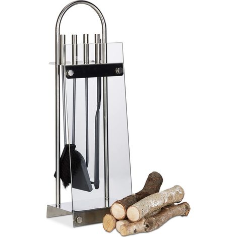 Ensemble serviteur de cheminée 5 pièces Pelle Balai Pince tisonnier Acier Verre INOX Moderne, argenté (1/5)