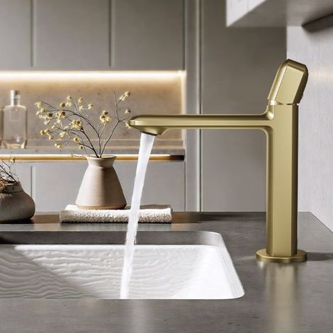 Moderne Robinet Salle De Bain Or Brossé, Mitigeur Lavabo Salle De Bain En Laiton Design EléGant, Mitigeur De Lavabo, Eau Chaude Et Froide RéGlable, Robinet Lave Main, Laiton (1/5)