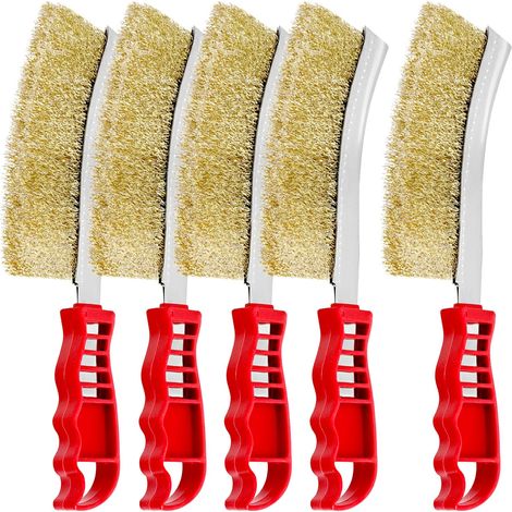 5 Pièces Brosse Fil Laiton, Long Manche Ondulé, Dos Incurvé, Pour Rouille Peinture Soudure