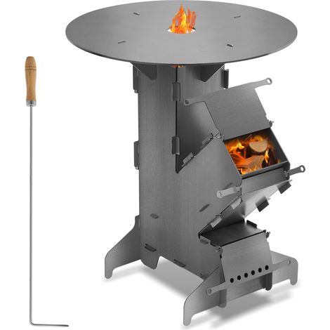 TolleTour Raketenofen mit Grillplatte, Steckbarer Outdoor Grillofen aus Kohlenstoffstahl, Campingkocher mit Feuerhaken für Garten Camping Terrasse (1/5)