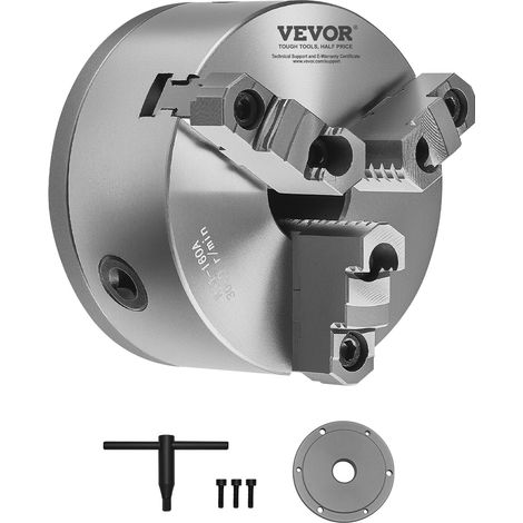 VEVOR Piastra di Mandrino per Tornio a 3 Griffe, Diametro Esterno da 160 mm Mandrino Autocentrante con Piastra di Supporto Filettata, Campo di Serraggio da 3 a 145 mm con Viti a Chiave a T