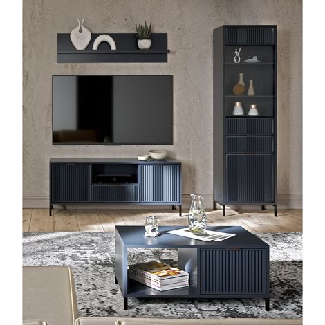 Wohnwand Indigo blau LAURO-161 modern mit Rillenoptik 4-teilig (1/5)