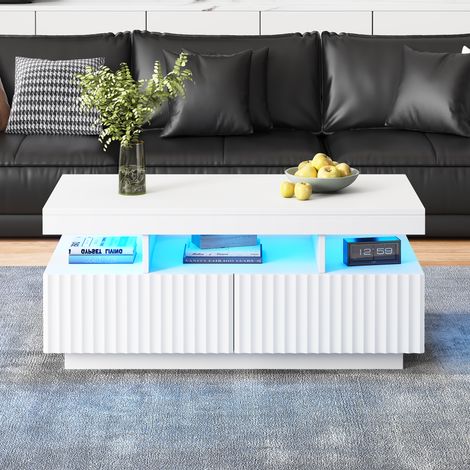 Table basse 100x50x45cm 2 tiroirs,design à bandes verticales et éclairage LED. Finition blanche pour salon contemporain. (1/5)
