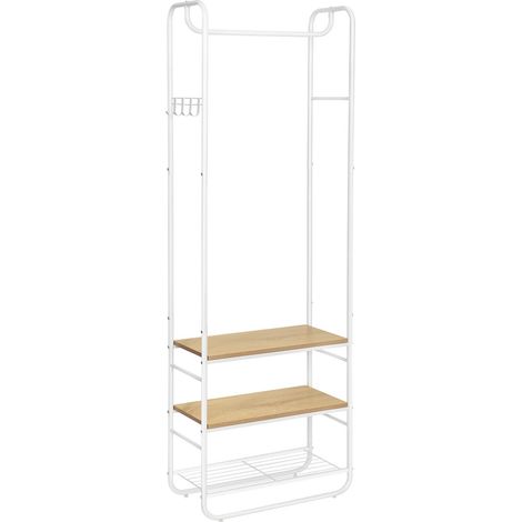 VASAGLE Appendiabiti con Scarpiera per Ingresso, Attaccapanni con Ripiani Portaoggetti, per Soggiorno, Camera da Letto, 58 x 28 x 181 cm, Stile Scandinavo, Bianco Opaco e Rovere Dorato HSR81WN