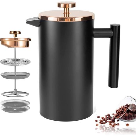 Cafetière à Piston 1.5L INOX Isotherme,Presse Française à Café, en Acier Inoxydable (1500 ml, Noir) (1/5)