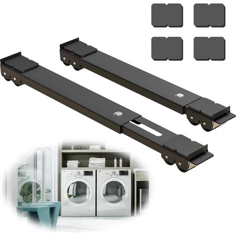 Irovami Support lave-linge roulettes – lot 2, acier carbone, 24 roues, frein, noir (1/5)