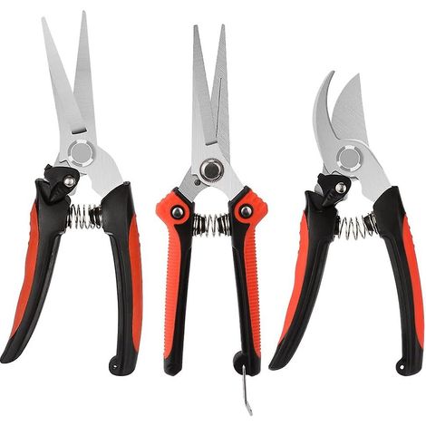 Ensemble de 3 outils de jardin professionnels : sécateur à lames croisées en acier inoxydable, ciseaux à fleurs et taille-haies pour l’entretien des pelouses et des jardins. (1/5)
