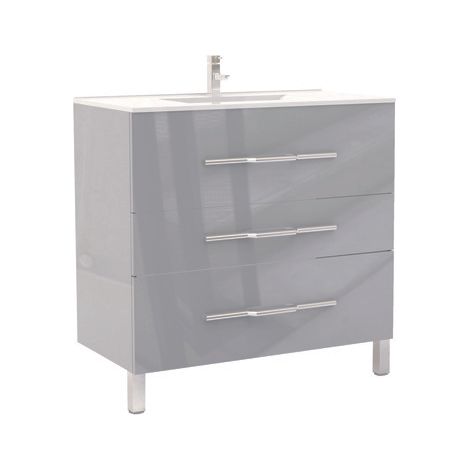 [JAMAIS UTILISE] ONDEE ZEN - Meuble de salle de bain à poser ALAN - L90cm - Gris - Laqué brillant (1/4)
