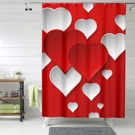 Rideau de douche motif amour cœurs rouges et roses, tissu imperméable, 90x180 cm (1/5)