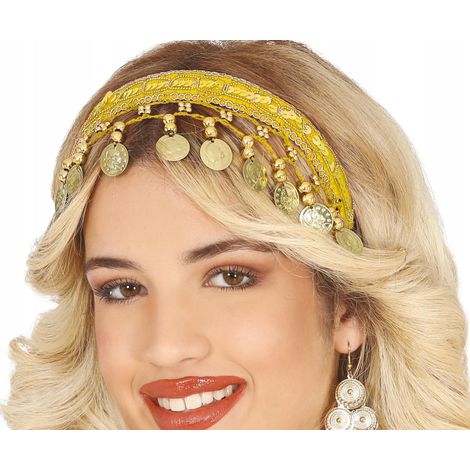 Diadema amarilla de adivina gitana árabe con monedas de oro para carnaval