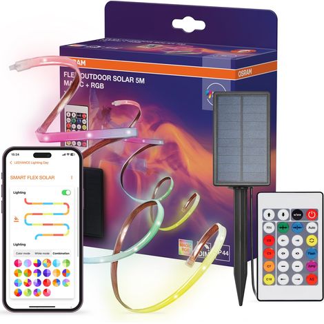Rubans LED décoratifs multicolores pour l’extérieur avec panneau solaire et Magic RGB, RC, IP44, gradable, blanc, silicone, 5 m, ampoule non interchangeable (1/5)