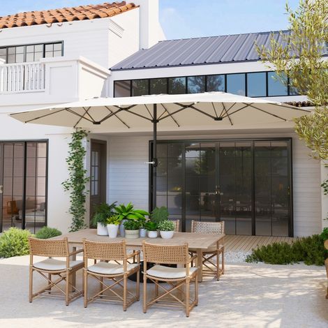 Parasol double 436 x 260 cm, parasol en acier avec protection UV et manivelle, parasol ovale pour balcon, parasol de plage, résistant au vent, parasol de marché stable, parasol à manivelle pour la pla