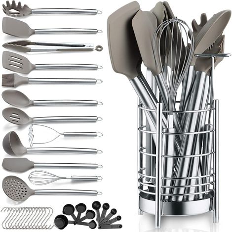 APEX Ensemble d'ustensiles de cuisine 33 pièces en silicone antiadhésif, avec porte-ustensiles en inoxydable, lavable au lave-vaisselle (1/5)