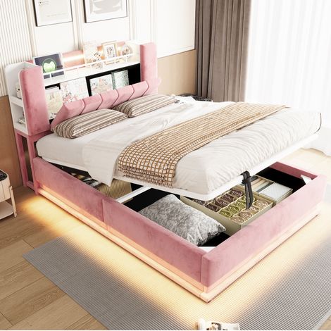Polsterbett 140 x 200 cm rosa mit LED, USB, Stauraum und Metalllattenrost (1/5)