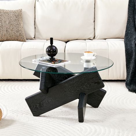 Tavolino rotondo Ø79 cm x H45 cm – piano in vetro da 0,8 cm e design moderno – nero (1/5)