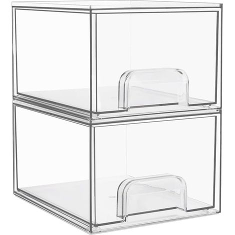 Set of 2 Stackable Storage Drawers Organiser Boxes Transparent Acrylic Makeup Drawer with 16 Non-Slip Mats for Dressing Table, Bathroom, Kitchen and Bedroom (1/5)