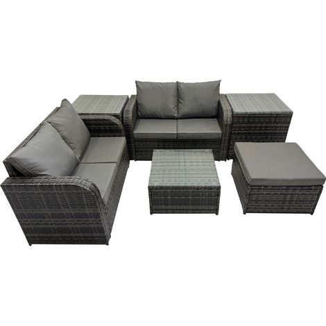 Fimous Rattan Garden Outdoor Furniture Set Love Sofa Square Coffee Table Set with 2 Side Table Big Stool Dark Grey Mixed (1/5)